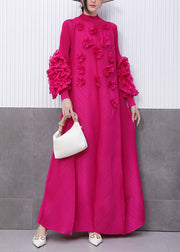 Bohemian Rose Stand Collar Floral Decorated Long Dresses Summer