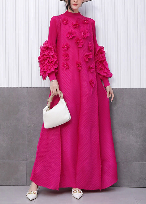 Bohemian Rose Stand Collar Floral Decorated Long Dresses Summer