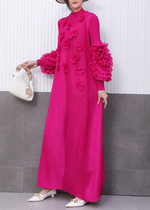 Bohemian Rose Stand Collar Floral Decorated Long Dresses Summer