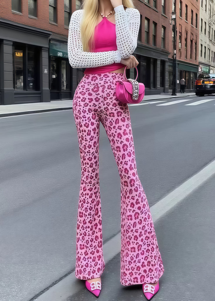 Bohemian Rose Tummy Control Leopard Print Cotton Flared Trousers Summer