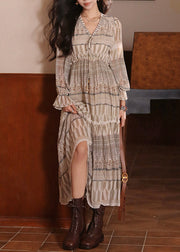 Bohemian Ruffled Print Lace Up Cotton Maxi Dresses Flare Sleeve