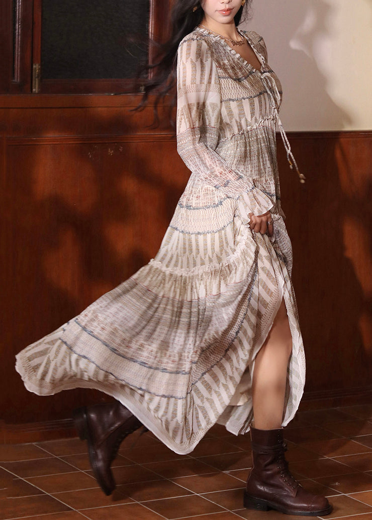Bohemian Ruffled Print Lace Up Cotton Maxi Dresses Flare Sleeve