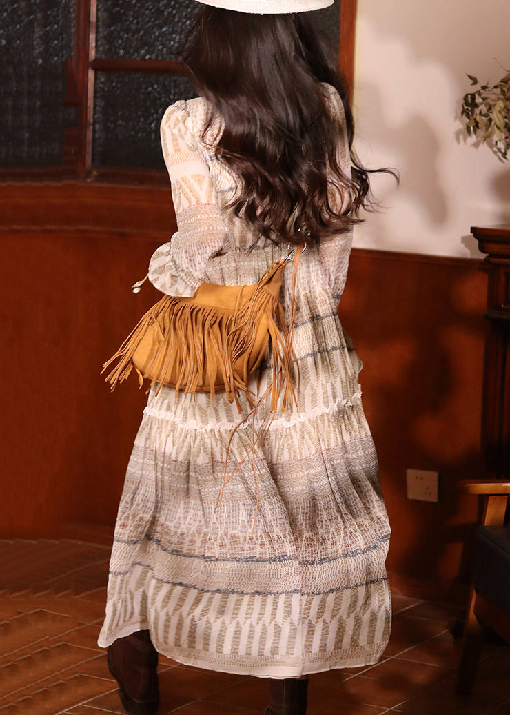 Bohemian Ruffled Print Lace Up Cotton Maxi Dresses Flare Sleeve