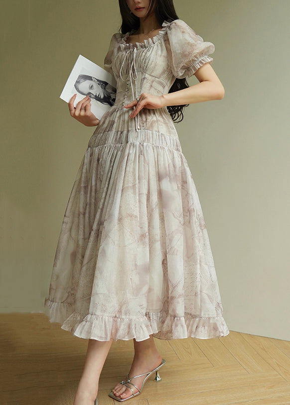 Bohemian Ruffled Print Lace Up Silk Long Dress Summer