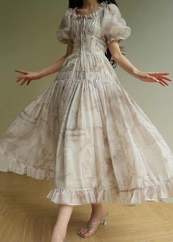 Bohemian Ruffled Print Lace Up Silk Long Dress Summer