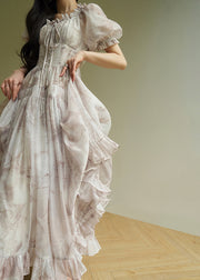 Bohemian Ruffled Print Lace Up Silk Long Dress Summer