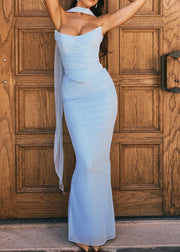 Bohemian Sky Blue Cold Shoulder Tulle Strapless Wraped Dress Summer