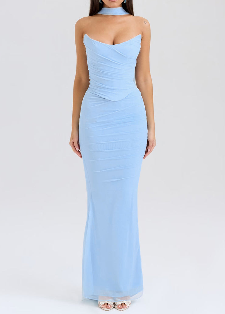 Bohemian Sky Blue Cold Shoulder Tulle Strapless Wraped Dress Summer