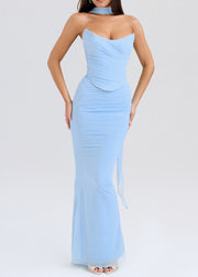 Bohemian Sky Blue Cold Shoulder Tulle Strapless Wraped Dress Summer
