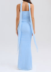 Bohemian Sky Blue Cold Shoulder Tulle Strapless Wraped Dress Summer