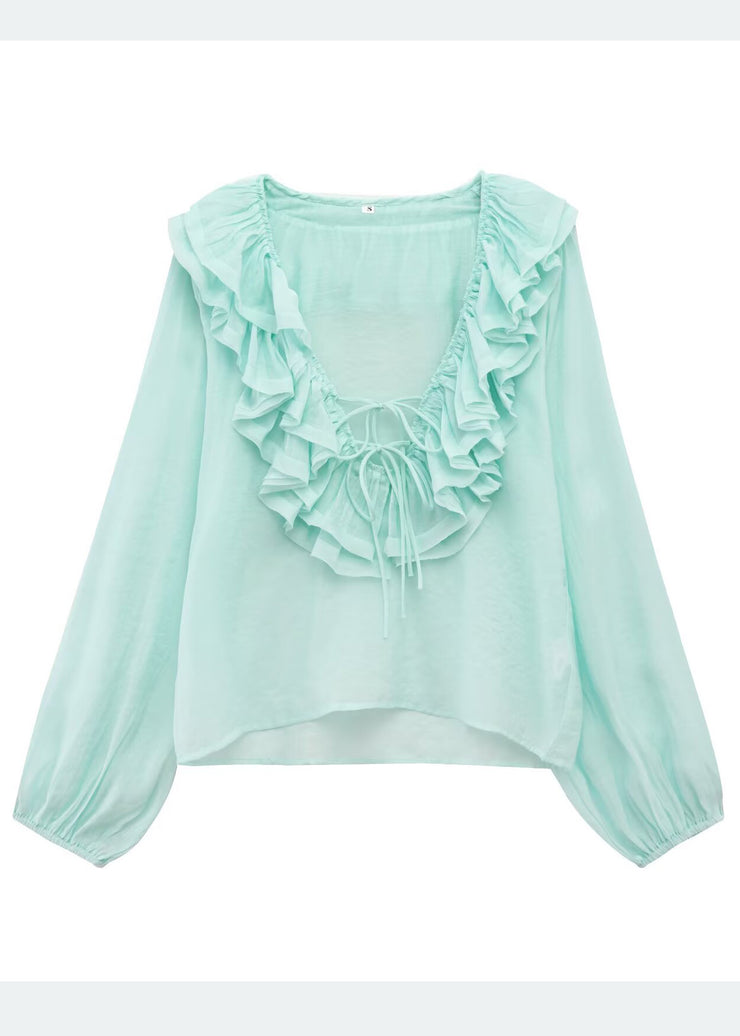 Bohemian Sky Blue Ruffled Cotton Shirt Tops Summer
