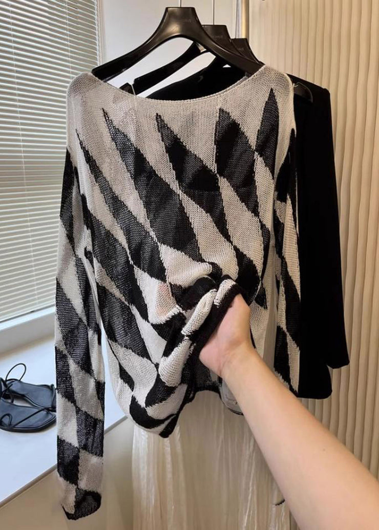 Bohemian Striped Plaid Slash Neck Knit Top Fall