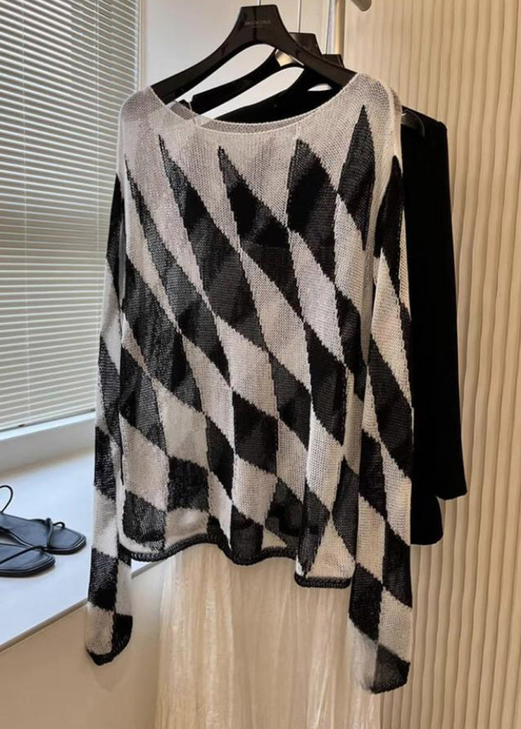 Bohemian Striped Plaid Slash Neck Knit Top Fall