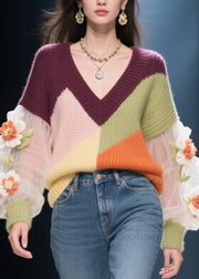 Bohemian V Neck Floral Patchwork Knit Short Sweater Fall