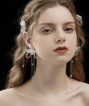 Bohemian White Alloy Crystal Butterfly Tassel Drop Earrings