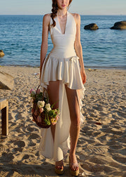 Bohemian White Backless Low High Design Vacation Dress Sleeveless