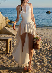 Bohemian White Backless Low High Design Vacation Dress Sleeveless