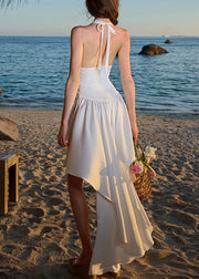 Bohemian White Backless Low High Design Vacation Dress Sleeveless