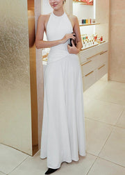 Bohemian White Backless Wrinkled Lace Up Cotton Long Dress Sleeveless