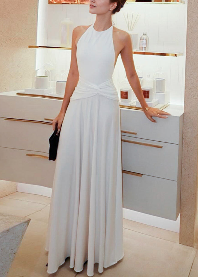 Bohemian White Backless Wrinkled Lace Up Cotton Long Dress Sleeveless