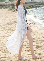 Bohemian White Embroidered Tie Waist Lace Loose Cardigans Summer