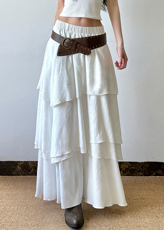 Bohemian White Layered Solid Elastic Waist Cotton Skirts Summer