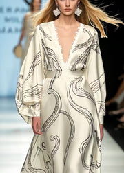 Bohemian White Oversized Print Silk Vacation Dresses Spring