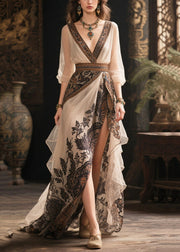 Bohemian White Print Exra Large Hem Chiffon Holiday Dresses Summer