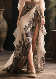 Bohemian White Print Exra Large Hem Chiffon Holiday Dresses Summer