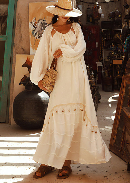 Bohemian White Tasseled Hollow Out Cotton Holiday Dress Spring