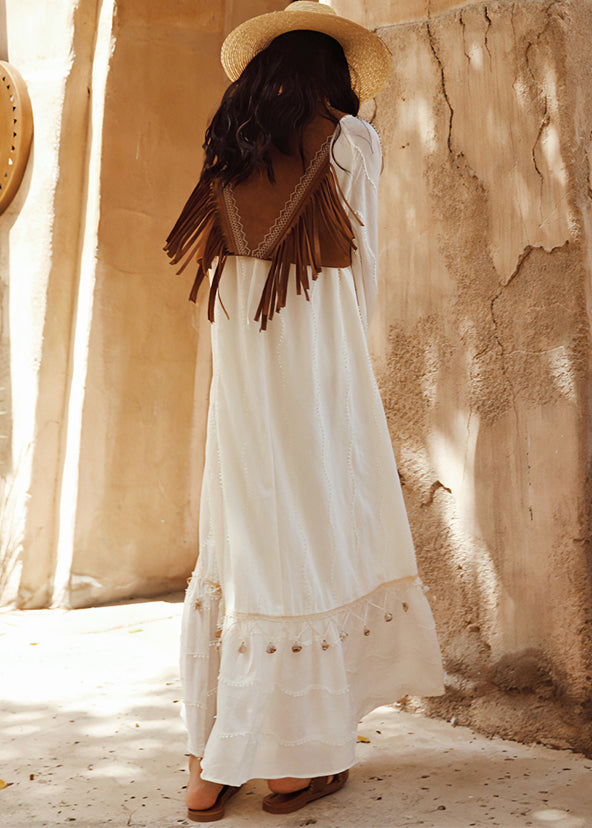 Bohemian White Tasseled Hollow Out Cotton Holiday Dress Spring