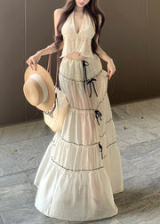 Bohemian White V Neck Bow Wrinkled Chiffon Two Pieces Set Sleeveless