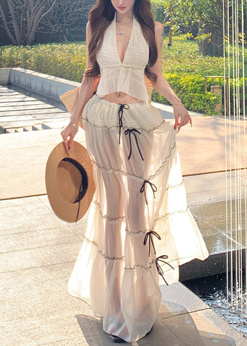 Bohemian White V Neck Bow Wrinkled Chiffon Two Pieces Set Sleeveless