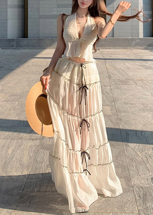 Bohemian White V Neck Bow Wrinkled Chiffon Two Pieces Set Sleeveless