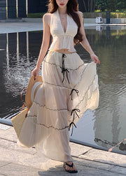 Bohemian White V Neck Bow Wrinkled Chiffon Two Pieces Set Sleeveless