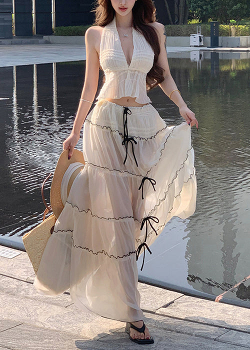 Bohemian White V Neck Bow Wrinkled Chiffon Two Pieces Set Sleeveless