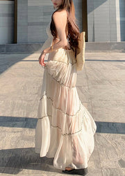 Bohemian White V Neck Bow Wrinkled Chiffon Two Pieces Set Sleeveless