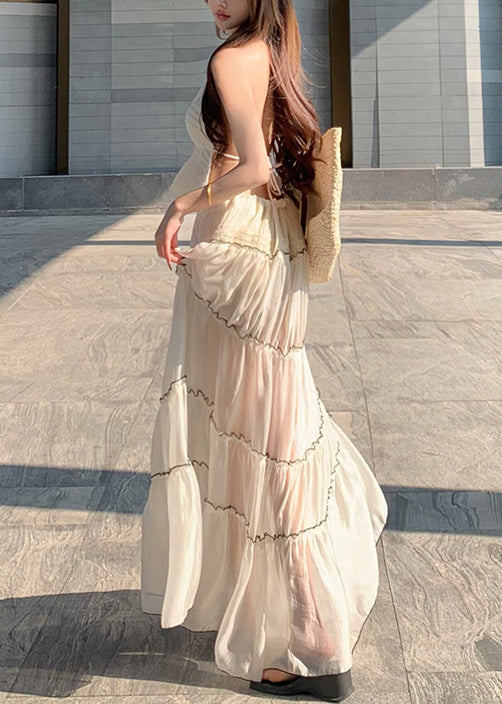 Bohemian White V Neck Bow Wrinkled Chiffon Two Pieces Set Sleeveless