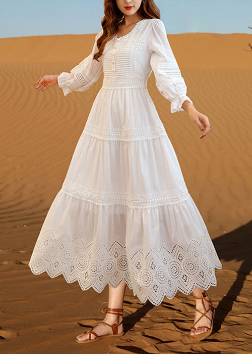 Bohemian White V Neck Hollow Out Cotton Dresses Butterfly Sleeve