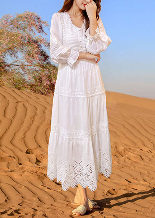 Bohemian White V Neck Hollow Out Cotton Dresses Butterfly Sleeve