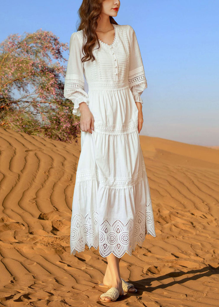 Bohemian White V Neck Hollow Out Cotton Dresses Butterfly Sleeve