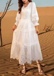 Bohemian White V Neck Hollow Out Cotton Dresses Butterfly Sleeve