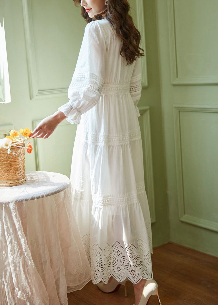 Bohemian White V Neck Hollow Out Cotton Dresses Butterfly Sleeve