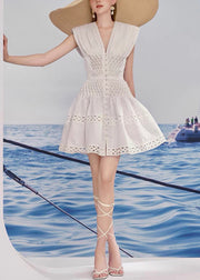 Bohemian White V Neck Hollow Out Cotton Mid Dress Summer