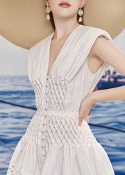 Bohemian White V Neck Hollow Out Cotton Mid Dress Summer