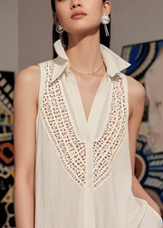 Bohemian White V Neck Hollow Out Cotton Top Sleeveless