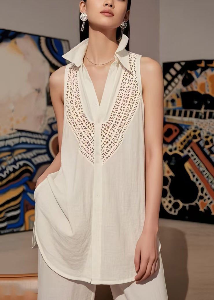 Bohemian White V Neck Hollow Out Cotton Top Sleeveless