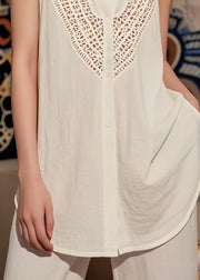 Bohemian White V Neck Hollow Out Cotton Top Sleeveless