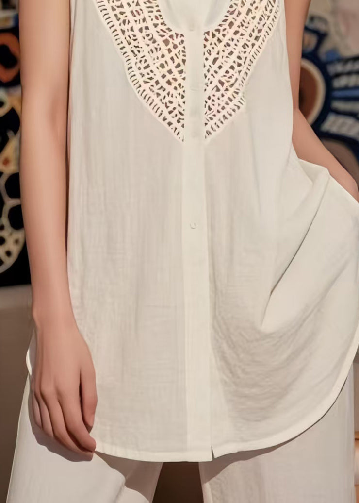 Bohemian White V Neck Hollow Out Cotton Top Sleeveless