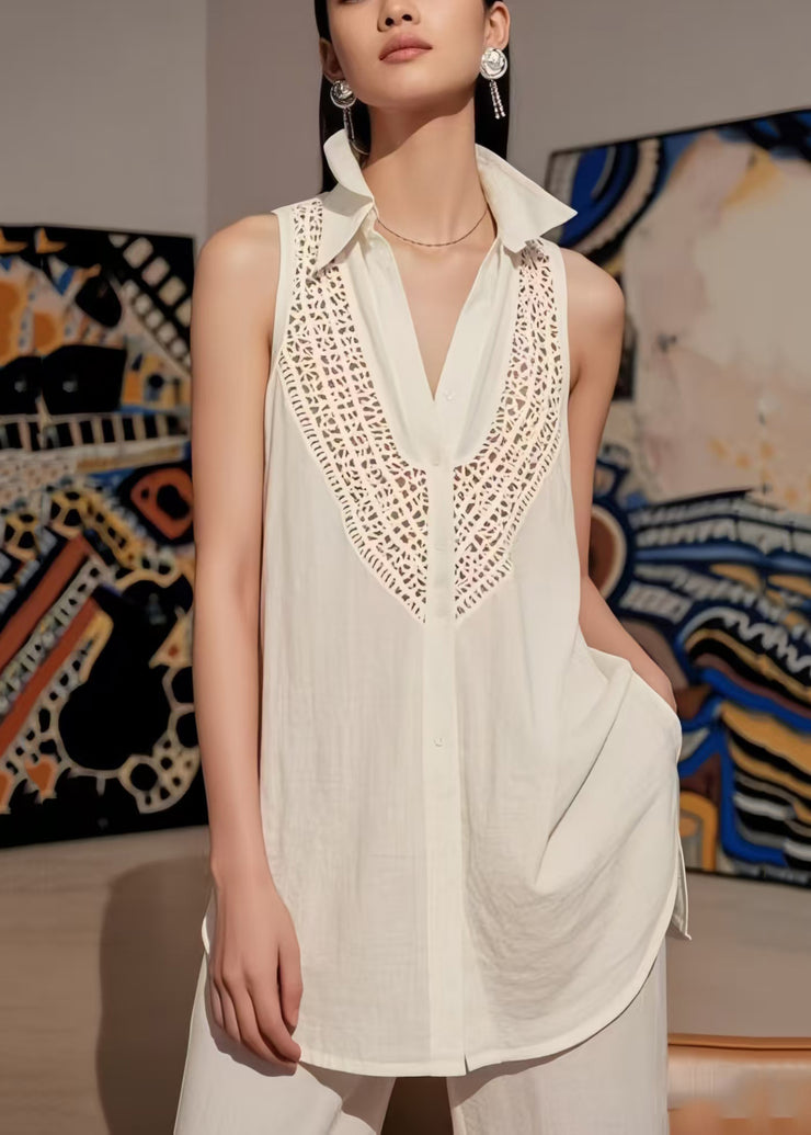 Bohemian White V Neck Hollow Out Cotton Top Sleeveless